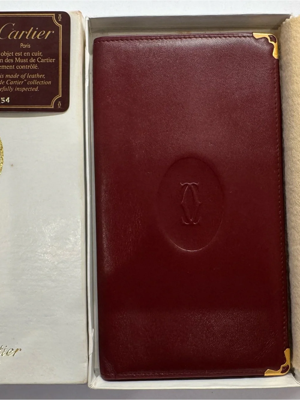 Vintage Must de Cartier Burgundy Leather Passport Holder Travel Wallet w/ Box